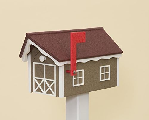 Vinyl Amish Barnstyle Mailbox (Weatherwood with White Trim & Red Roof)
