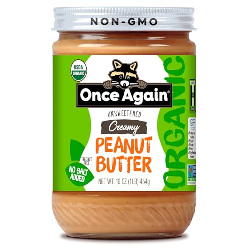 Once Again Organic Creamy Peanut Butter No Sugar Added - Single Ingredient, Unsalted, Natural Peanut Butter No Palm Oil - Glass Jar, Non-GMO, Gluten Free - Smooth and Unsweetened - 1 Jar (16 oz) | Unsalted, Natural Peanut Butter No Palm Oil, Glass Jar, N…