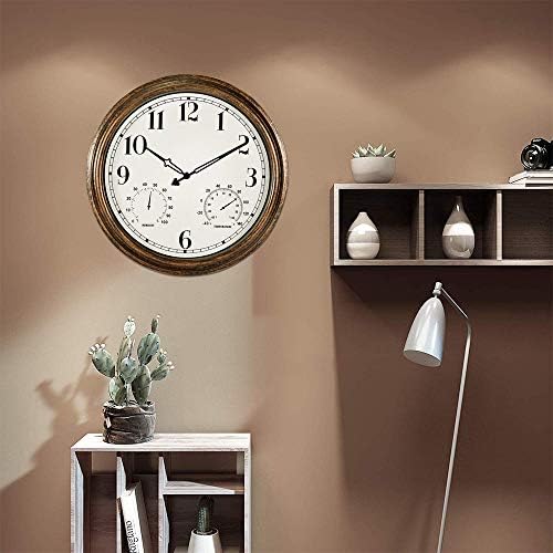 16 Inch Large Outdoor Wall Clock, Waterproof Vintage Non-Ticking Clock with Thermometer and Hygrometer Combo