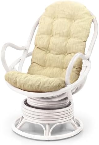 Lounge Swivel Rocking Java Chair Rattan Wicker Handmade with Cream Cushion, White Color