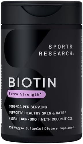 Sports Research® Biotin 10,000mcg w/Coconut Oil, 120 Count Plantgels™ | Max Strength Vegan Biotin (Vitamin B7) for Healthy Skin and Hair Support | Non-GMO, Gluten & Soy-Free, 120 Servings
