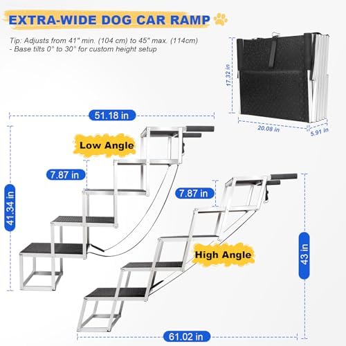 Deergym Dog Stairs for Large Dogs - 5 Step Wide 16in High 34in Foldable Dog Ramp for Car Non-Slip Surface Support up to 230lbs - Suitable for SUV,Truck, Sofas, Bed