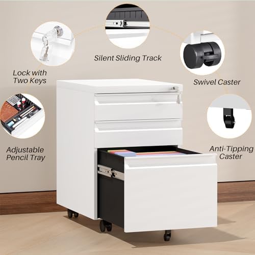 3-Drawer Mobile Steel Filing Cabinet with Lock, Fully Assembled Under Desk File Cabinet for Letter/Legal/A4 Size, Heavy Duty Storage Organizer for Home Office