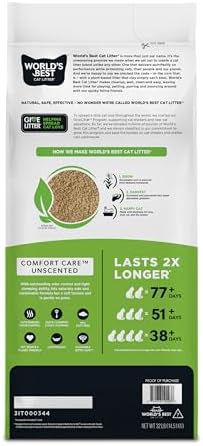 World's Best Cat Litter, Comfort Care, Unscented, Odor Control, 8 lb Bag | Gentle odor control for sensitive cats and lasts 2x longer; natural corn litter, quick clumping, flushable, 99% dust free
