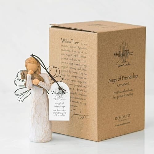 Willow Tree Angel of Friendship Ornament, Sculpted Hand-Painted Figure | Angel Holding a Brown Dog, Cream Dress and Wire Wings, Gift of Friendship