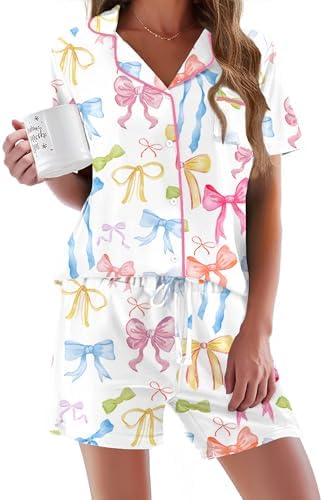 Ekouaer Pajamas Set for Women Short Sleeve Sleepwear Button Down Pj XS-XXXL | Summer 2 Piece Lounge Set, Soft Fabric, Drawstring Waistband, for Bridesmaid Bride Party, Plus Size, Petite, Cute Pattern