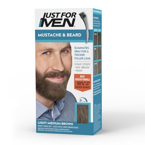 JUST FOR MEN Mustache & Beard Dye, Keratin, Light-Medium Brown M-30 (3 Pk) | Mustache & Beard color light-medium brown designed for facial hair to instantly eliminate gray. Enhanced with keratin.