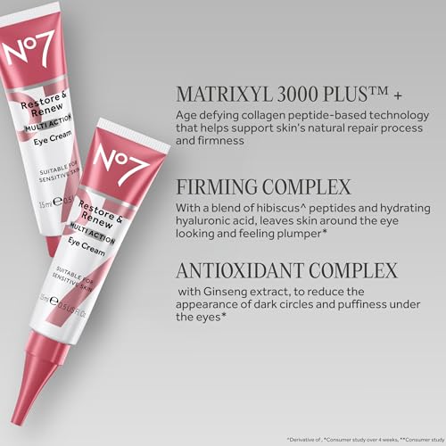 No7 Restore & Renew Multi Action Eye Cream - Skin Renewing Under Eye Cream for Puffiness & Dark Circles - Moisturizing Formula for Wrinkles (15ml)