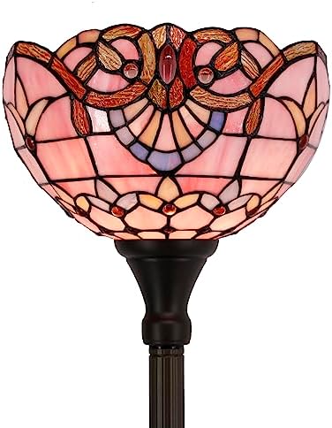 WERFACTORY Tiffany Floor Lamp Pink Baroque Stained Glass Torchiere Light | 12X12X71 Inches Pole Standing Corner Torch Uplight Decor Bedroom Living