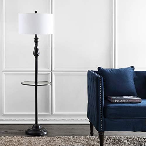 JONATHAN Y Laine 60" Metal and Glass Table Floor Lamp, Oil Rubbed Bronze | Traditional Transitional Style, White Linen Drum Shade, LED Bulb Included