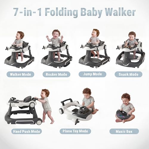 7 in 1 Foldable Baby Walker, Rock/Push Mode/Activity Center, Green | Adjustable Height & Speed, Music, Lights, Footrest, Detachable Play Toy Panel, Walker with Wheels for Infants 7-18 Months