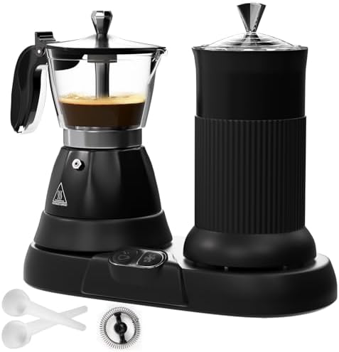 Electric Espresso Machine with Milk Frother 2 in 1 Efficient Moka Pot Coffee Maker with Milkfroth Aluminum One-Touch Operation for Effortless Cappuccinos Lattes Macchiatos White