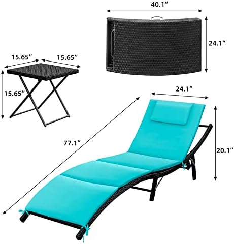 GUNJI Lounge Chairs for Outside 3 Pieces Patio Adjustable Chaise Lounge Outdoor Wicker Lounge Chairs Set of 2 with Table Folding Chaise Lounger for