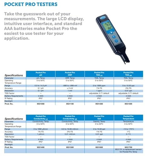 Hach Pocket Pro pH Tester, pH and Temp Testing, 9531000 | pH Meter for Water Analysis, Large LCD Screen, Replaceable Batteries, Built-in Diagnostics