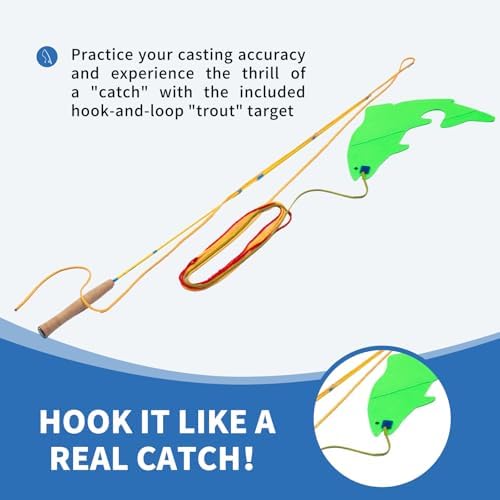 Maxcatch Practice Fly Fishing Rod, 4ft 2-Section, IM8 Graphite, with Detachable Reel Seat, 3 Color Lines, Trout-Shaped Target for Beginners