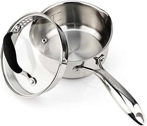 AVACRAFT 2.5 Quart Stainless Steel Saucepan with Glass Strainer Lid | 18/10 Stainless Steel, 5-Ply Capsule Base, Dual Pour Spouts, Induction Compatible, Ergonomic Handle, Dishwasher Safe