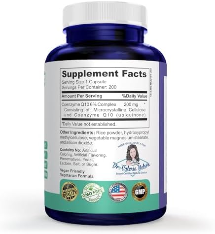 CoQ10 - Co-Enzyme Q10-200 mg - Excellent Value - 200 Caps - Quick Absorption - Veg. Caps - Non-GMO - Ubiquinone - Heart & Cellular Energy & Brain