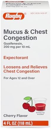 Rugby Mucus & Chest Congestion Guaifenesin 200 mg, 4 Fl Oz (1-Pack) | Cherry Flavor, Expectorant Cough Syrup, Loosens and Relieves Chest Congestion