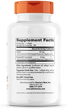 Doctor's Best Lutein Supplement 20mg with Zeaxanthin - Lutein for Eyes, Eye Health Vitamins for Men & Women, Vision and Macular Health Support, Lutemax 2020 Marigold Flower Extract - 180 Softgels