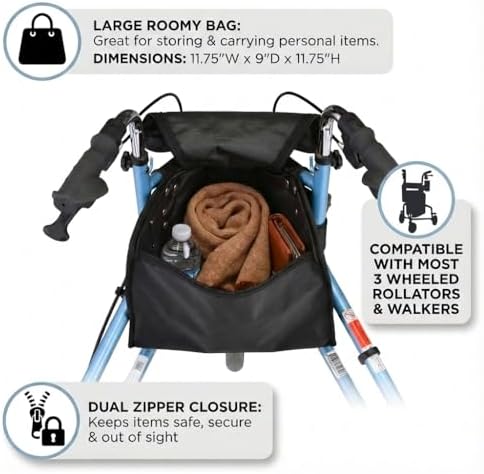 NOVA Medical Products Pouch Bag for 3 Wheeled Rollator Walker – Replacement Storage Tote & Organizer for Three Wheel Mobility Aids, Zippered Closure