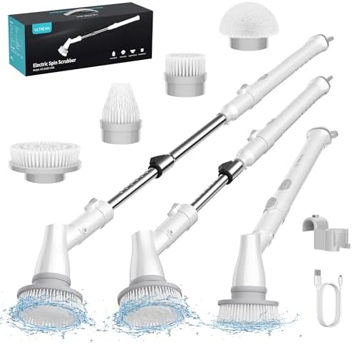 Ultrean Spin Brush, Cordless Electric Spin Scrubber with 4 Replaceable Brush Heads Adjustable Extension Handle