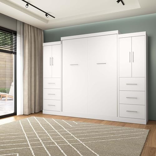 Bestar Nebula Queen Murphy Bed with 2 Wardrobes (115W) in White, Sleeping Arrangement and Closet Organizers for Multipurpose Room | 2 Wardrobes; supports up to 1000 lb; min. ceiling height 91.1 in.; dual piston mechanism; 10-year warranty