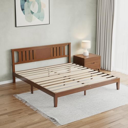 Solid Wood Bed Frame, Queen Size Platform Bed Frame with Headboard, Sturdy Wood Slat Support, Heavy Duty, No Box Spring Needed, Noise-Free, Easy Assembly