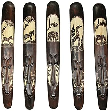 Zeckos Set of 5 African Tribal Mask Wall Hangings, 39 Inch Hand-Carved Wood | Hand-Stained and Hand-Painted Details, Crafted by Indonesian Artisans