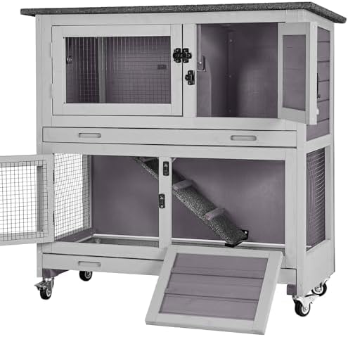 Aivituvin Rabbit Hutch, Indoor Bunny Cage with Run Outdoor Rabbit House with Two Deeper No Leak Trays - 4 Casters Include (Grey)