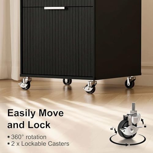 3 Drawers Fluted Mobile File Cabinet with Lock, Rolling File Cabinet Printer Stand Table, Under Desk Wooden Filing Cabinets for Home Office Essentials Storage Organization Furniture Letters/A4(Oak)