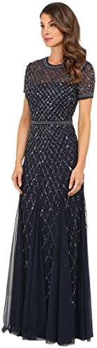 Adrianna Papell Womens Short-Sleeve Grid Beaded Gown