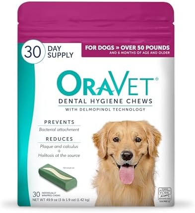 ORAVET Dental Chews for Dogs, Oral Care and Hygiene Chews (Large Dogs, Over 50 lbs.) Pink Pouch, 30 Count (Pack of 1) | VOHC-accepted dual-action chew reduces plaque & tartar, freshens breath barrier vet-recommended