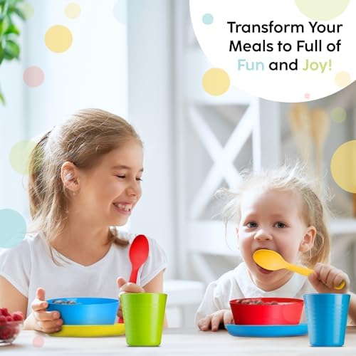 Plaskidy Kids Dinnerware Set for 4-24 Piece Plastic Childrens Dishes Dinnerware Sets Microwave/Dishwasher Safe BPA Free - Toddler Dinner Set