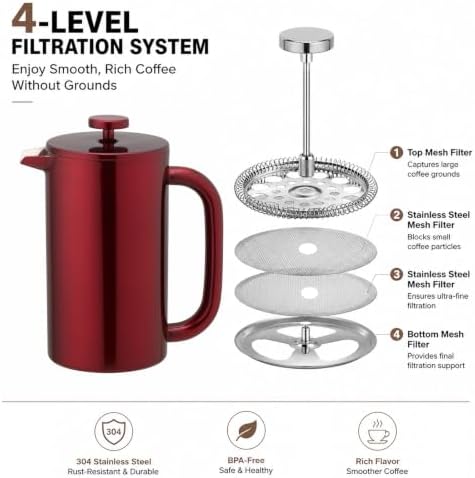 8-Cup Double Wall Insulated Stainless Steel French Coffee Press, 32-Ounce Durable Coffee Tea Maker with Stainless Steel Plunger, Copper