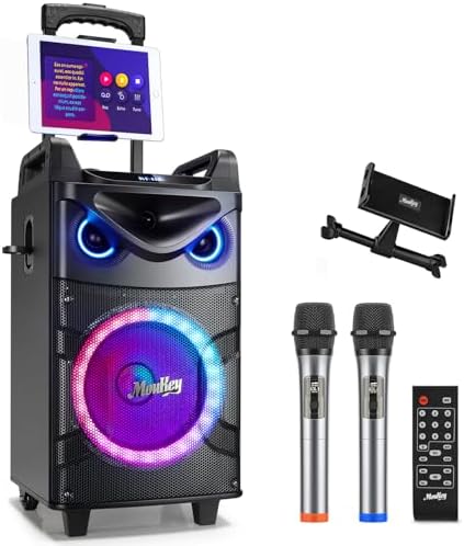 Moukey Karaoke Machine, 10" Woofer Portable PA System, Bluetooth Speaker with 2 Wireless Microphones, Lyrics Display Tablet Holder