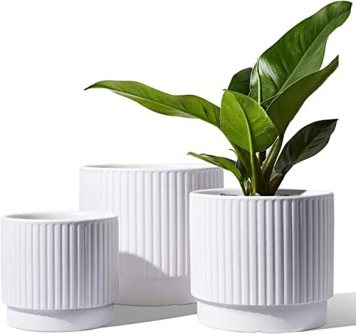 LE TAUCI Ceramic Plant Pots with Drainage Holes, Set of 3, 8+6.7+5.5 Inch Stripe Garden Planter Pots for Outdoor Indoor Plants Flower
