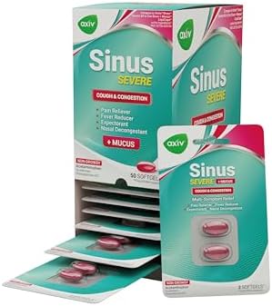 AXIV Sinus Severe + Mucus Relief, Non-Drowsy, Loosens Mucus, Maximum Strength Relief of Pain, Pressure, Congestion, & Headache Ease, 24 Softgels.