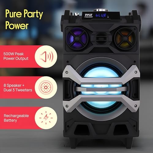 Pyle 500 Watt Portable BT Connectivity Karaoke Speaker System - PA Stereo with 8" Subwoofer, DJ Lights Rechargeable Battery Microphone