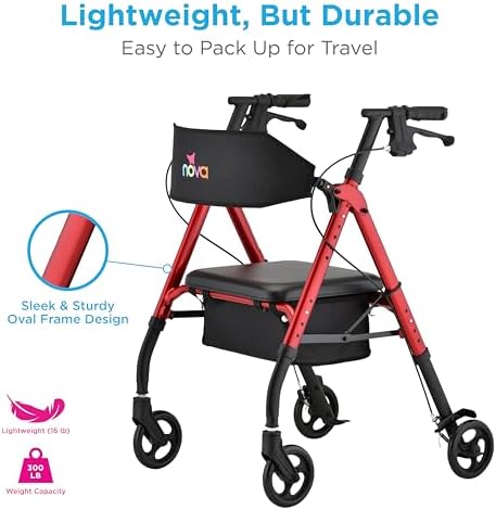NOVA Star 6 Foldable Rollator Walker for Seniors, Wide Padded Backrest with Seat, 6” All-Terrain Wheels, Easy-Grip Locking Hand Brakes, Height Adjustable, Blue