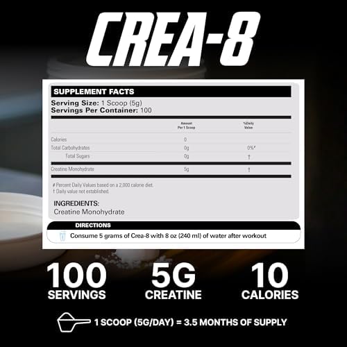 EHP Labs CREA-8 Creatine Monohydrate Powder, Unflavored, 100 Servings | Micronized Creatine For Muscle Growth, Strength & Energy. Mixes Easily, No Clumping. Pre Or Post Workout. 500g