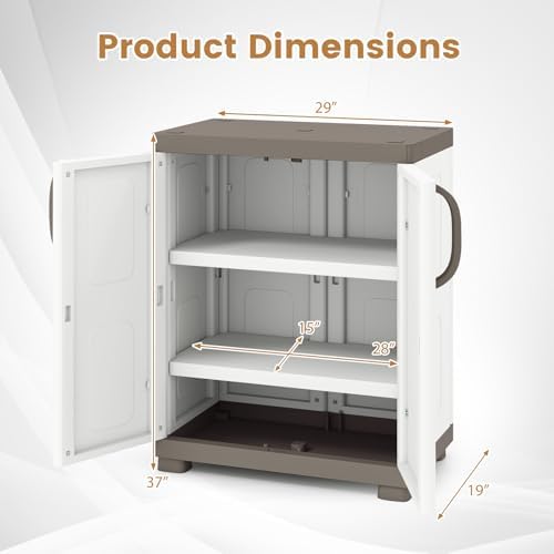 GIANTEX Storage Cabinet with 2 Doors and Adjustable Shelves, Modern Plastic Base Garage Organizer, Floor Sideboard for Kitchen, Dining Room, Bathroom (Wide-29"x19"x37",White+Brown)