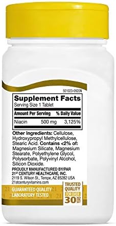 21st Century Niacin 500mg Prolonged Release Tablets, Vitamin B3, 100ct | Vitamin B3 Niacin 500 mg, Energy Metabolism, Heart & Nervous System Support, Prolonged-Release Formula, Non-GMO, Gluten Free