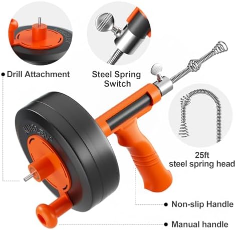 Drain Snake, 25ft Flexible Steel Drain Auger With Drill Adapter, Plumbing Unblocking Hand Auger