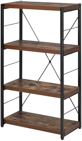 Benjara Four Tiered Metal Framed Wooden Bookshelf, Brown and Black