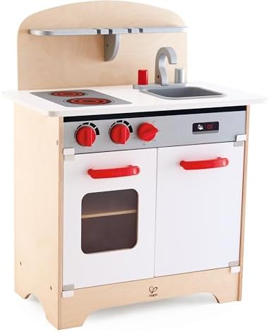 Hape Gourmet Kitchen Toy Fully Equipped Wooden Pretend Play Kitchen Set with Sink, Stove, Baking Oven, Cabinet, Turnable Knobs & Spice Shelf, Red
