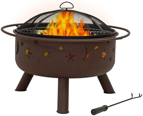 Sunnydaze Cosmic 30" Fire Pit with Cooking Grate for Outside, Wood Burning | Bronze, Heavy Duty Steel Metal, Includes Spark Screen & Poker, Round Outside Firepit for Patio, Deck, Backyard BBQ, Bonfire