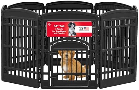 IRIS USA 4-Panel Dog Playpen, Pet Enclosure, Black | Pet Containment, Configurable Layout, Multi-Shape Setup, Custom Pen Configuration, Stable Non-Tip Base, Tool-Free Assembly