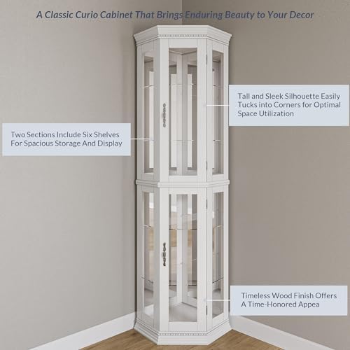 BELLEZE Lighted Wooden Corner Display Curio Cabinet, Two Section Shelving Unit with Tempered Glass Door