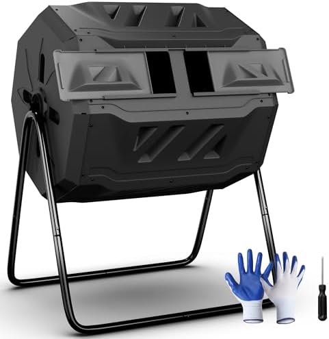 SUPER DEAL Outdoor Compost Tumbler, 43 Gallon Dual Chamber BPA Free Large Compost Bin 360° Rotating Tumbling Composter for Garden Yard, Black