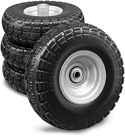4 Pcs 4.10/3.50-4 Flat Free Tires and Dolly Wheel, 10" Solid Non-inflated Tires Wheels with 5/8 Ball Bearings, 2.24" Offset Hub for Wheelbarrow